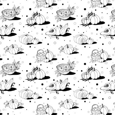 Sonbahar balkabaklarının el çizimi vektör çizimi modeli. Beyaz arka planda siyah çizgiler var. Menü, kitaplar, ağ ve tekstil için