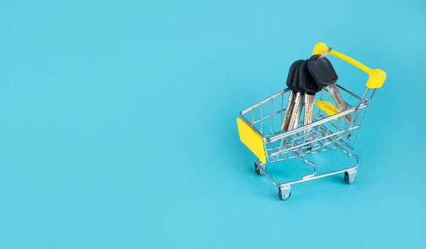 Mini Shopping Cart Keys Blue Background Concept Buying Renting House — Foto Stock