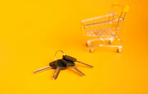 Claves Apartamento Casa Sobre Fondo Amarillo Brillante Fondo Carrito Compras — Foto de Stock