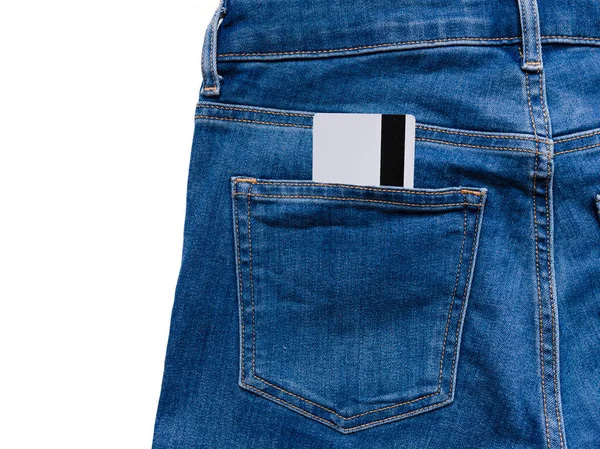 Creditcard Achterzak Van Jeans Geïsoleerd Diefstal Concept Kopieerruimte — Stockfoto