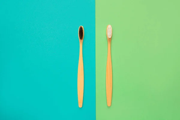 Bamboo Toothbrushes Blue Green Background Concept Environmentally Friendly Environmentally Friendly — Stock Photo, Image