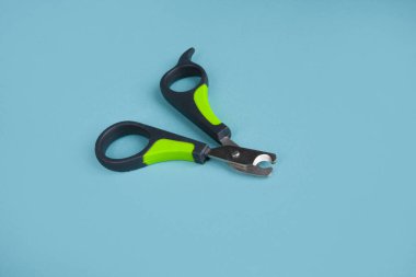 Mavi arka planda bir kedinin pençelerini kesmek için makas. El makasının profesyonel ekipmanını bitiriyorum. Süslü tıbbi manikür. metin için boşluk kopyala