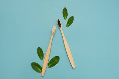 Mavi arka planda nane yapraklı iki ahşap bambu diş fırçası. Diş fırçalama konsepti, taze nefes. Ağız bakımı, diş bakımı ve sakız tedavisi. Üst görünüm, metin için boşluk kopyala