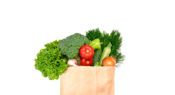 Varios Alimentos Verduras Frutas Una Bolsa Papel Sobre Fondo Blanco — Foto de Stock