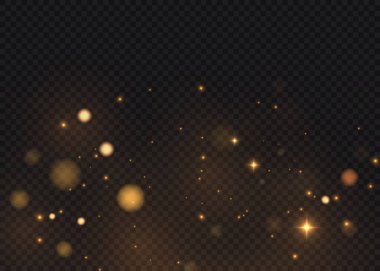 Parlayan parçacıkları ve parıltıları olan altın bokeh ışıkları, şeffaf arkaplan, vektör.