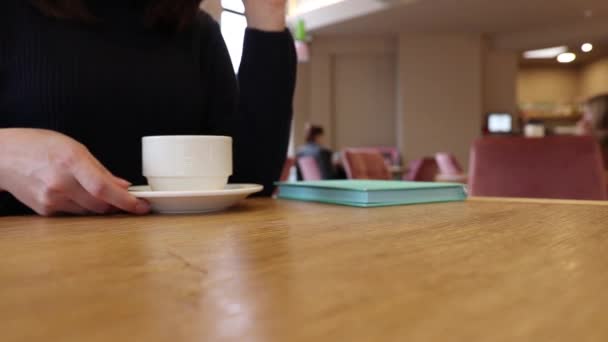 穿高领毛衣的女孩喝茶，然后在餐馆写作 — 图库视频影像