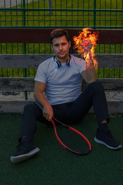 Boy Tennis Racket Hand Fire Fantastic Photo Fire Fire Hand — Stock Photo, Image