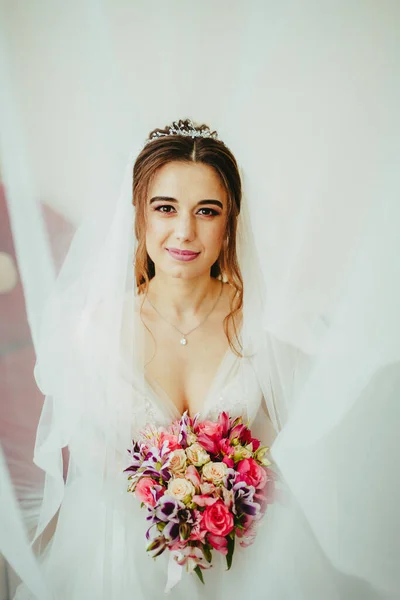 Wedding Dress Bouquet Her Hands Bride Bouquet White Background — Stock Photo, Image