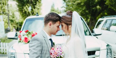 Gelin ve damat limuzinin önünde.