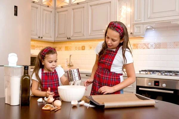 Two Little Girls Cooking Home Kitchen Ginger Cookies Christmas — Stock Photo, Image