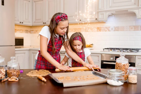 Two Little Girls Cooking Home Kitchen Ginger Cookies Christmas — Stock Photo, Image