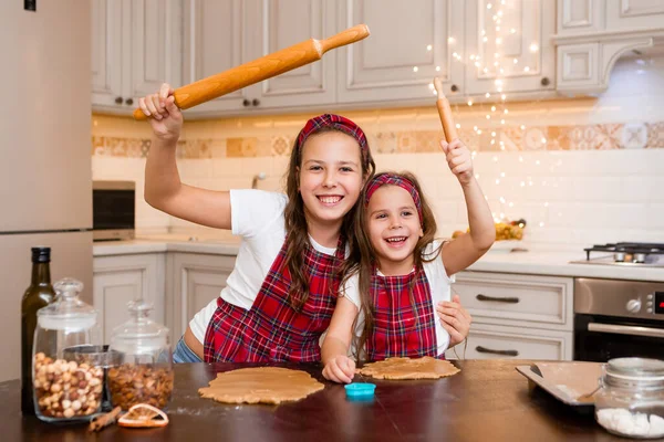 Two Little Girls Cooking Home Kitchen Ginger Cookies Christmas — Stock Photo, Image