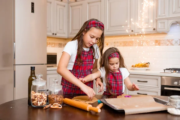 Two Little Girls Cooking Home Kitchen Ginger Cookies Christmas — Stock Photo, Image