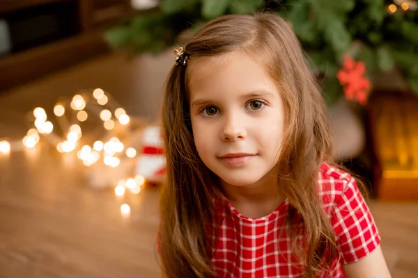 Retrato Una Linda Niña Sobre Fondo Del Árbol Navidad Espacio —  Fotos de Stock