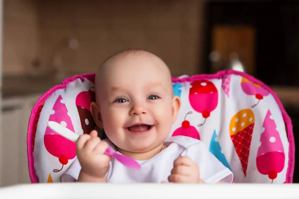 Cute Little Baby Having Food Colorful Baby Chair — Stock Photo, Image