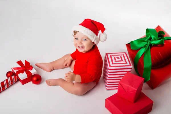 Cute Baby Santa Gift Boxes Smiling White Background Concept Christmas — Stock Photo, Image