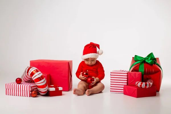 Cute Baby Santa Gift Boxes Smiling White Background Concept Christmas — Stock Photo, Image