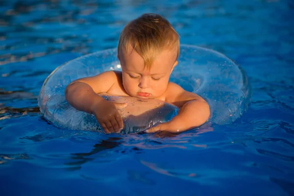 Lindo Niño Nadando Piscina Círculo Natación —  Fotos de Stock