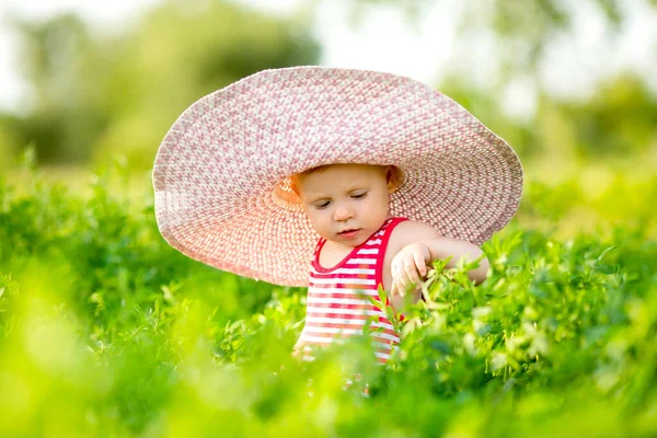 Tout Petit Fille Gros Chapeau Paille Debout Dans Verdure — Photo