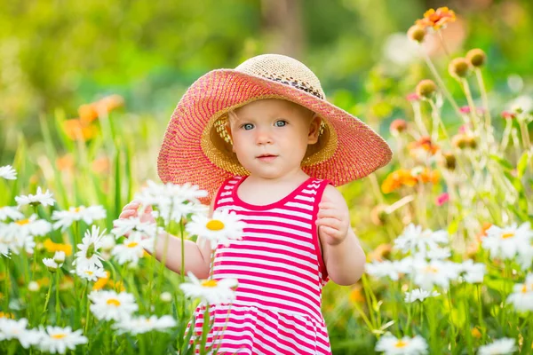 Tout Petit Fille Portant Chapeau Paille Entouré Floraison — Photo