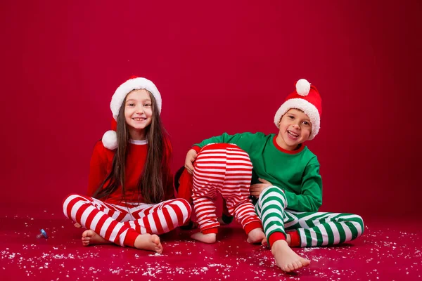 Smiling Boy Girl Festive Clothes Crawling Brother Back — Stockfoto