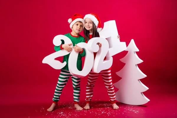 Boy Girl Festive Costumes Posing 2021 Numbers — Stockfoto