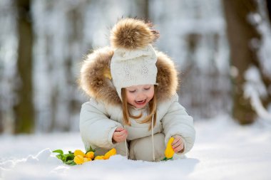 Karlı sahnede sarı laleli küçük kız