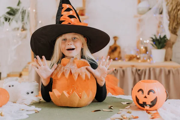 Portrait Little Blonde Girl Long Hair Witch Costume Huge Witch — Stock Photo, Image