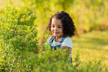 Koyu tenli, kot elbiseli kıvırcık saçlı küçük bir kız güneşli bir günde parkta yürüyor. Sağlıklı yaşam tarzı kavramı. Mutlu çocukluk