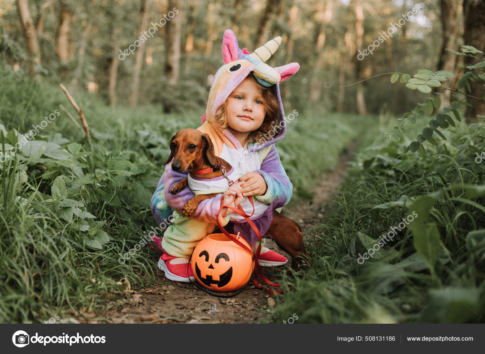 Jolie Petite Fille En Costume De Licorne Arc-en-ciel Pour Halloween Va  Chercher Des Bonbons Dans Un Panier De Citrouilles