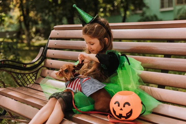 Słodka Dziewczynka Stroju Czarownicy Halloween Trzymając Kosz Dyni Parku Dziecko — Zdjęcie stockowe