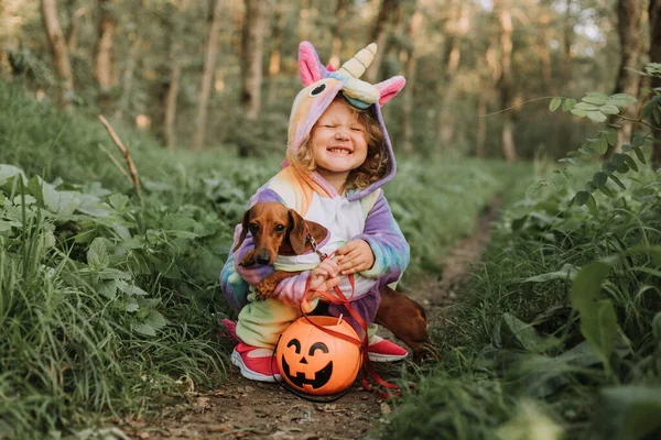 Kleine Lachende Meid Een Dwerg Teckel Halloween Kostuums Met Een — Stockfoto