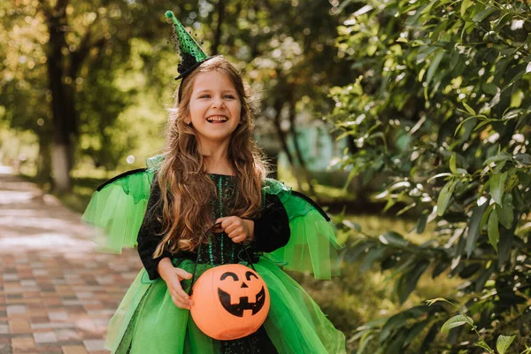 Милая Маленькая Девочка Костюме Ведьмы Хэллоуин Держит Корзину Тыквы Парке — стоковое фото