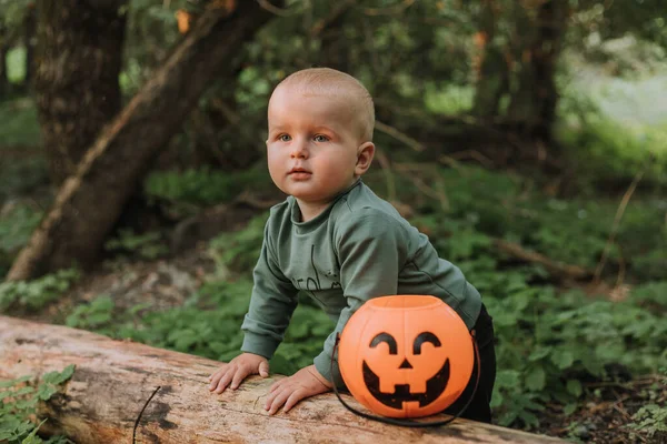 Retrato Lindo Bebé Niño Una Sudadera Verde Sobre Fondo Bosque — Foto de Stock