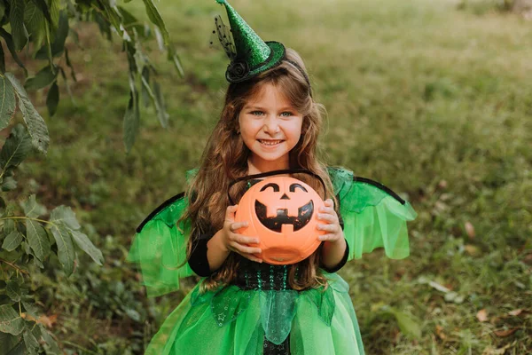 公園でカボチャのバスケットを保持ハロウィンの魔女の衣装でかわいい女の子 屋外で子供 トリックや治療 ハロウィンのコンセプト ストックフォト