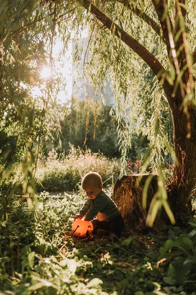 緑の森を背景にした緑のスウェットシャツを着た可愛い赤ちゃんの肖像画 新鮮な空気の中を歩くと遊ぶ ロイヤリティフリーのストック画像
