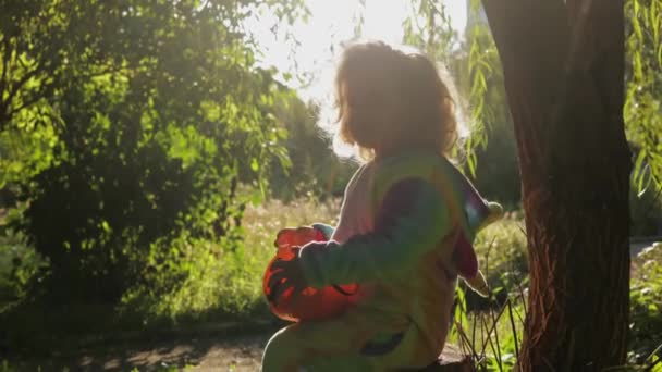 Mała Dziewczynka Tęczowym Stroju Jednorożca Kigurumi Siedzi Drzewie Koszem Dyni — Wideo stockowe