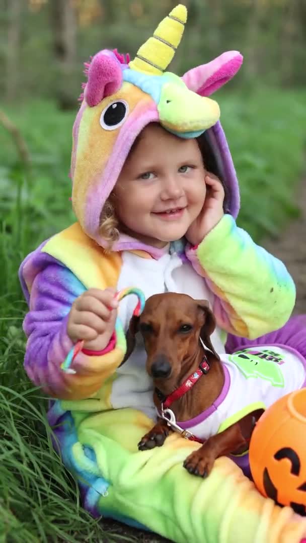 Kleine Lachende Mädchen Und Ein Zwergdackel Halloween Kostümen Mit Einem — Stockvideo