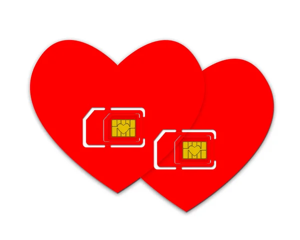 Corações vermelhos com cartões SIM — Fotografia de Stock