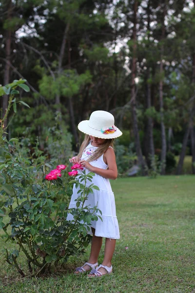 Красива дівчина в капелюсі дивиться на квіти троянди в парку літній день — стокове фото