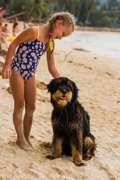 Gadis dengan dua plaits dan bertemu dalam pakaian renang di pantai dekat laut anjing yang indah — Stok Foto