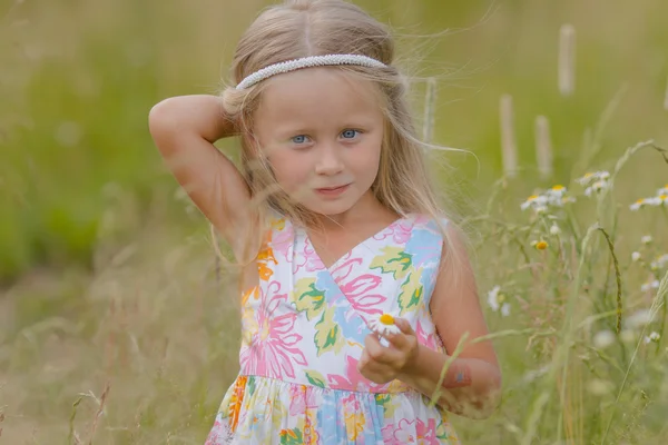 Dívka s dlouhými vlasy, pěšky podél pole na teplý letní den — Stock fotografie