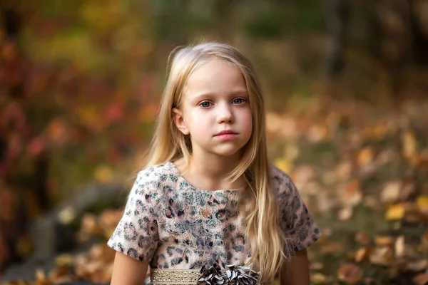 Közelkép Egy Csinos Kislányról Aki Őszi Parkban Pihen — Stock Fotó