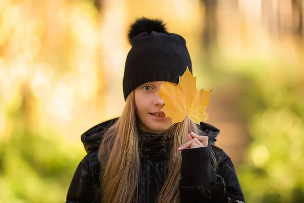 Outdoor Portrait Happy Blonde Child Girl Holding Yellow Leaf Little — Stock Photo, Image