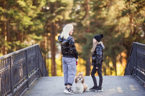 Gelukkige Moeder Dochter Hebben Plezier Samen Met Hun Hond Modieuze — Stockfoto