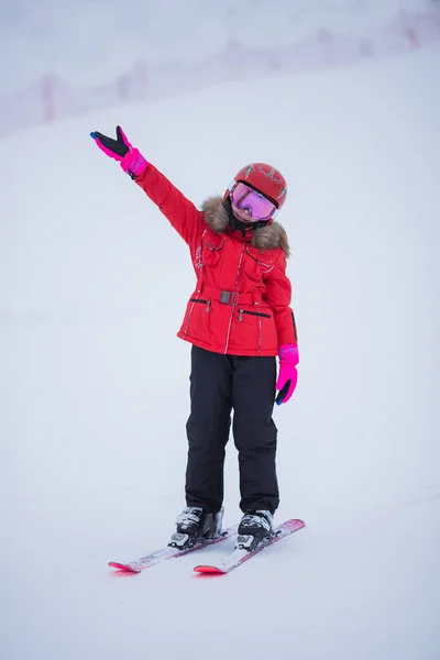 Active Adorable Preschooler Caucasian Girl Portrait Ski Helmet Goggles Bright — Stock Photo, Image