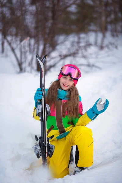 Active Adorable Preschooler Caucasian Girl Portrait Goggles Bright Suit Enjoy — Stock Photo, Image