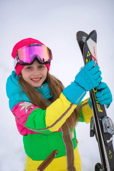 Active Adorable Preschooler Caucasian Girl Portrait Goggles Bright Suit Enjoy — Stock Photo, Image