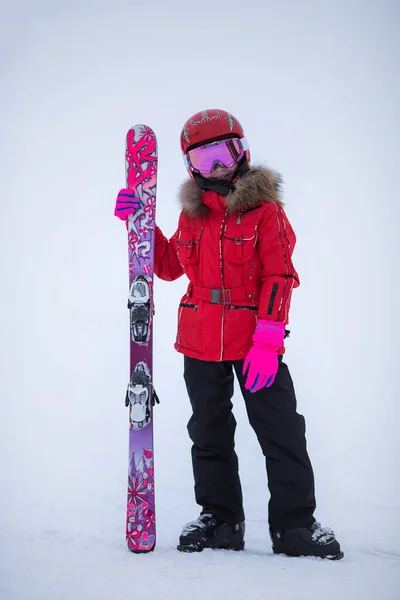 Active Adorable Preschooler Caucasian Girl Portrait Ski Helmet Goggles Bright — Stock Photo, Image