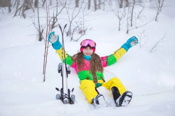 Portrait Girl Skier Snowy Mountain Ski Resort Active Confident Caucasian — Stock Photo, Image